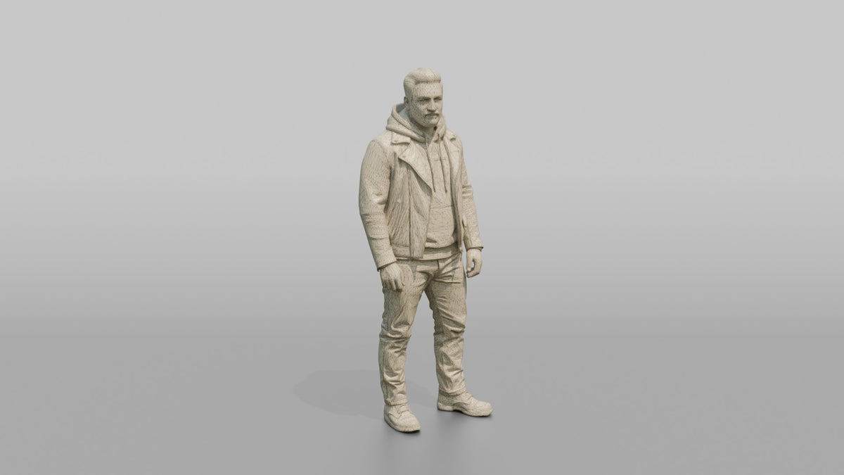 Man in Moto Jacket and Hoodie Standing - wireframe topology preview