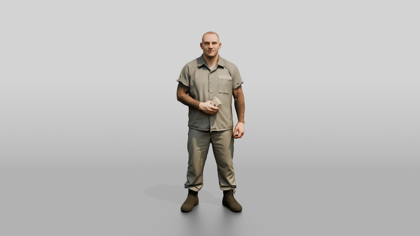White Male Prisoner in a Grey Uniform