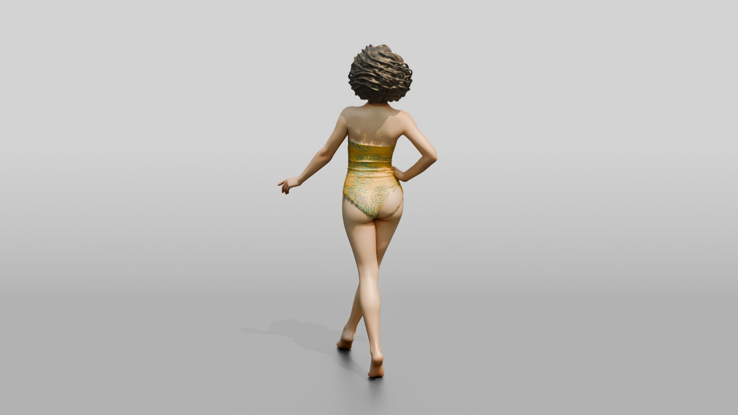 Woman in Gold One-Piece Swimsuit Walking