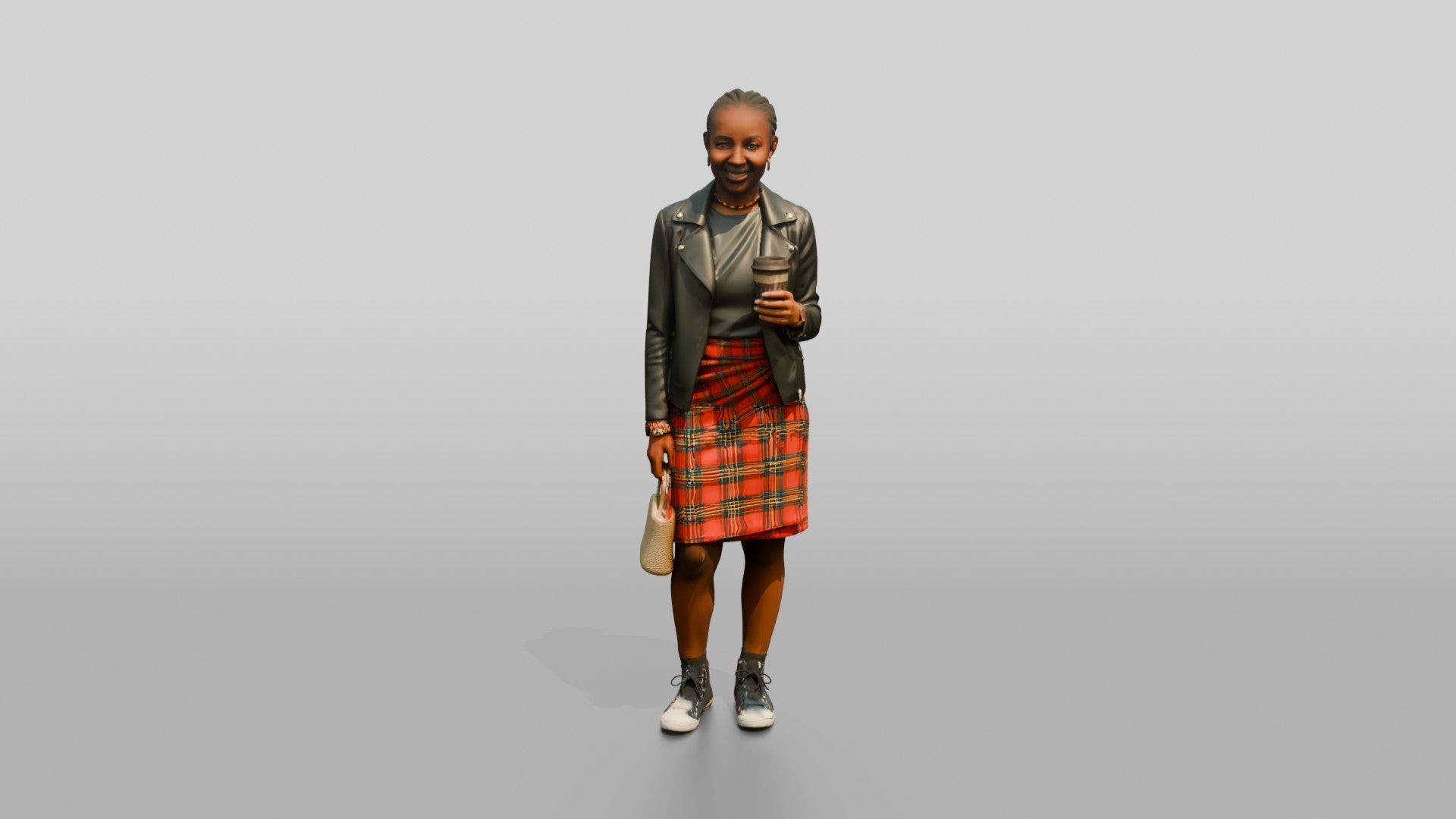 Young African Woman in Leather Jacket and Plaid Skirt