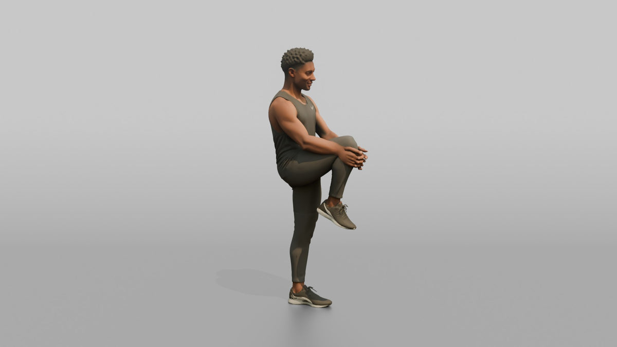 Fitness Influencer Man Doing A Standing Knee-to-chest Stretch - 3D character model, view 2