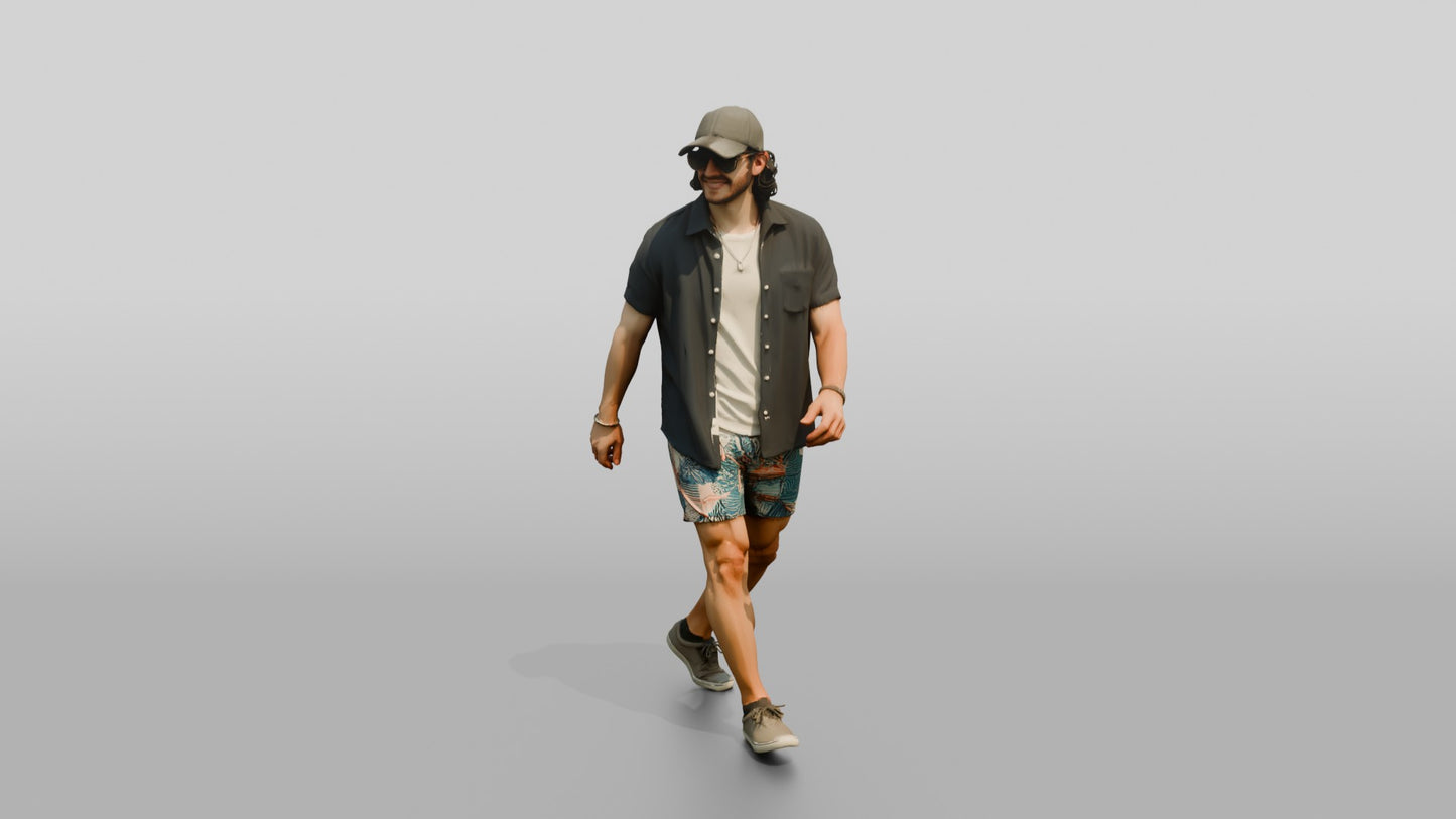 Latino Man Walking the Boardwalk in Linen Shirt