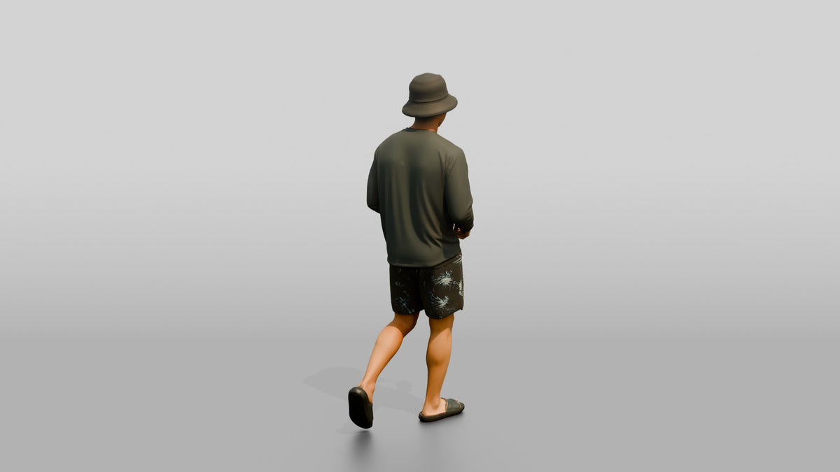 Man Loosening Drawstring on Boardshorts - 3D character model, view 3