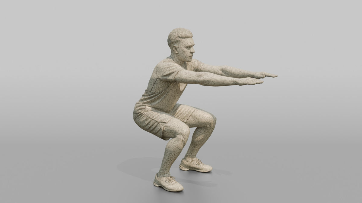 Bodyweight Athlete Man Doing A Bodyweight Squat, Arms Extended Forward - wireframe topology preview