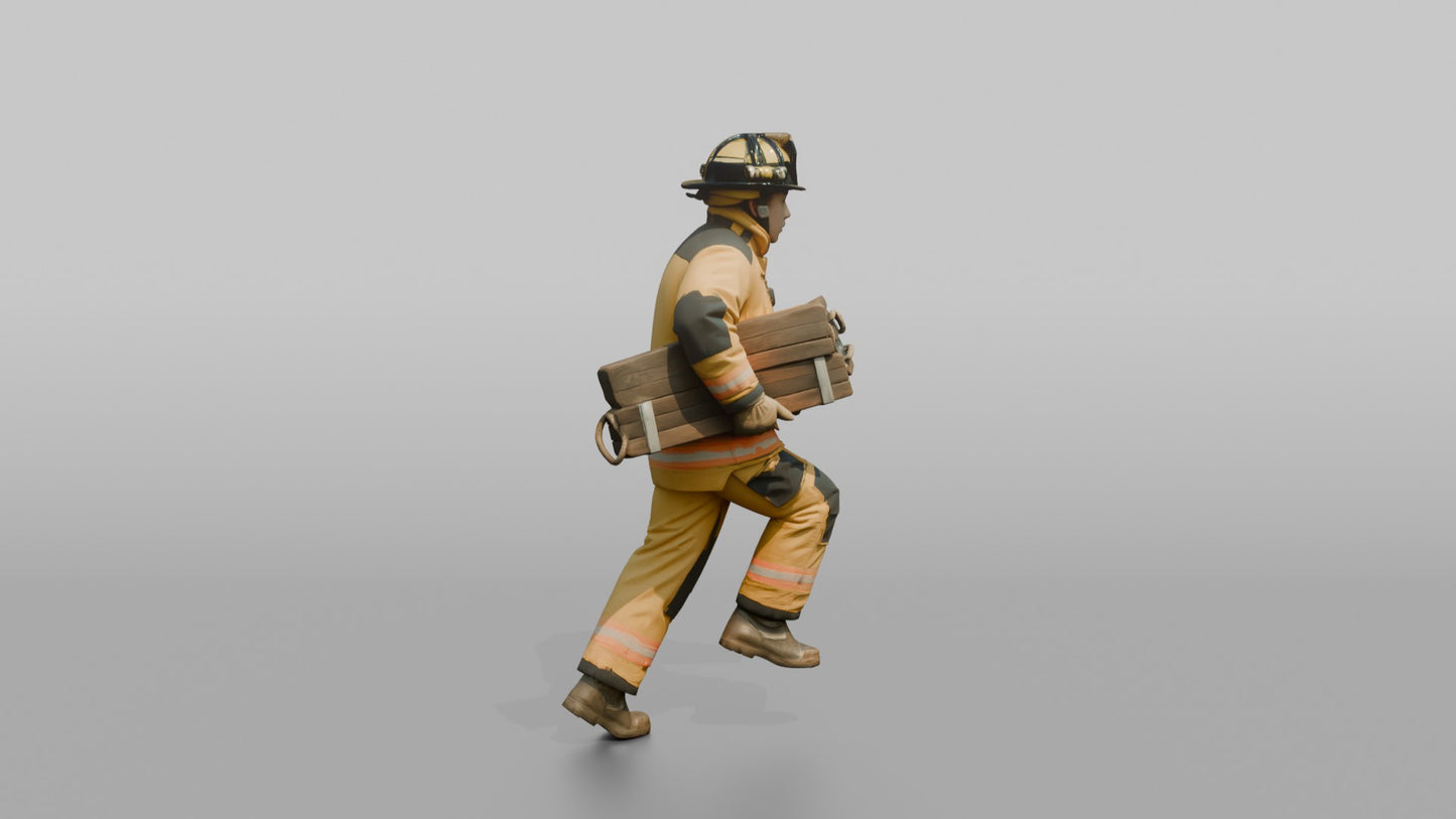 Firefighter Man Sprinting Forward While Carrying Heavy Wooden Stabilization Chocks