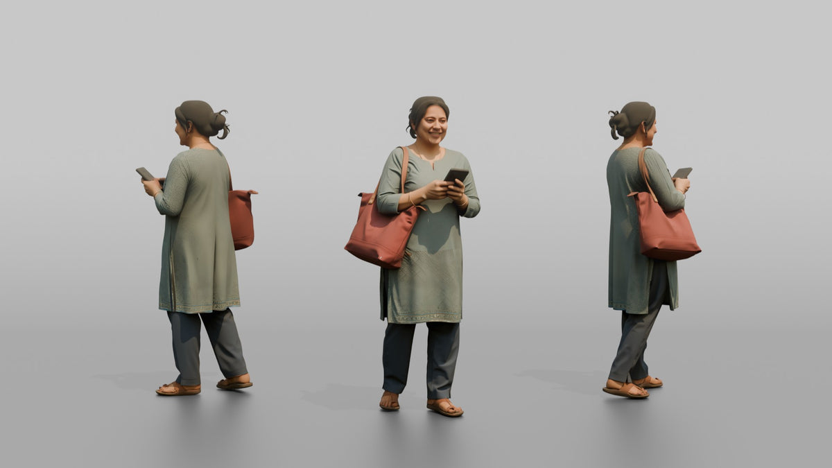 Mother Carrying A Large Tote Bag, Phone In Her Other Hand - 3D character model, view 1
