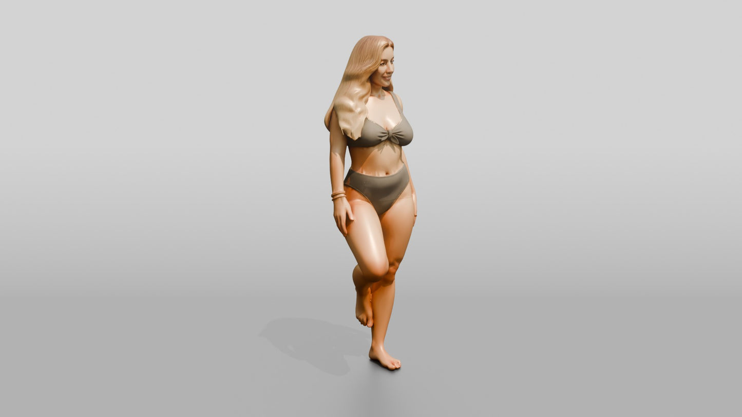 Blonde Curvy Woman in Taupe Two-Piece Swimsuit Tree Pose