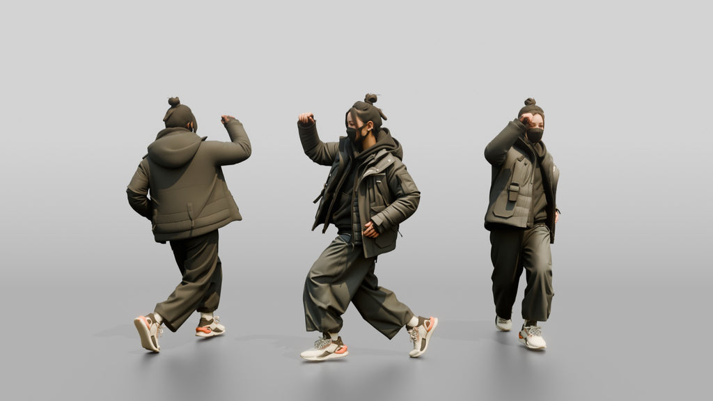 Techwear Woman in Puffer Jacket Mid-Stride