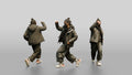 Techwear Woman in Puffer Jacket Mid-Stride