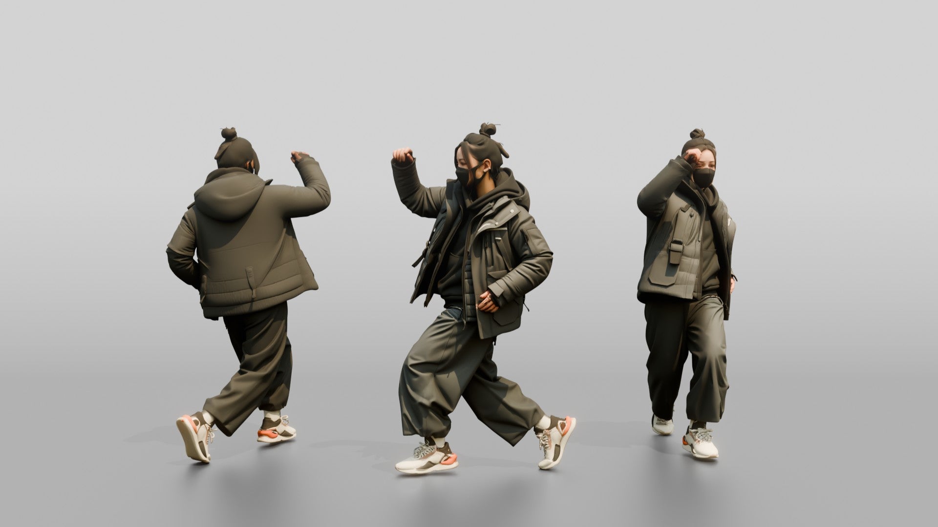 Techwear Woman in Puffer Jacket Mid-Stride