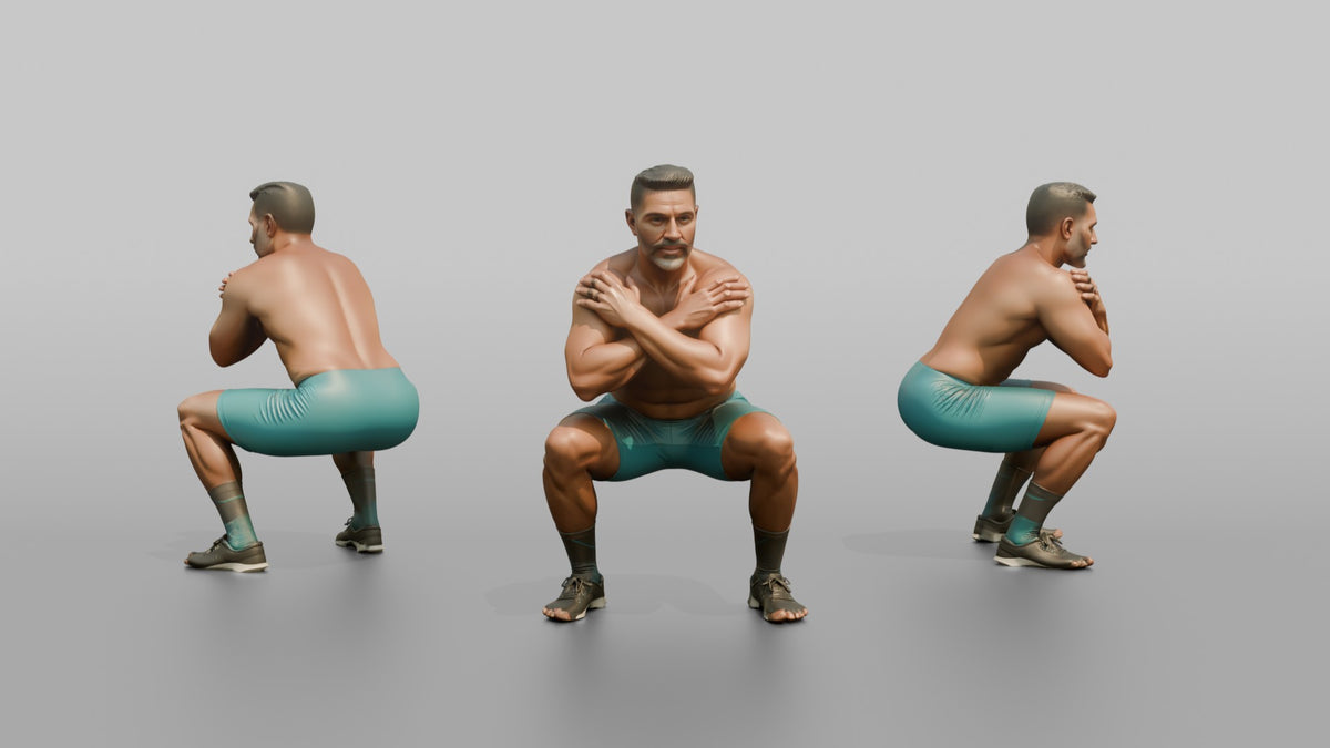 Bodyweight Athlete Man Holding A Deep Squat Position, Arms Crossed - 3D character model, view 1