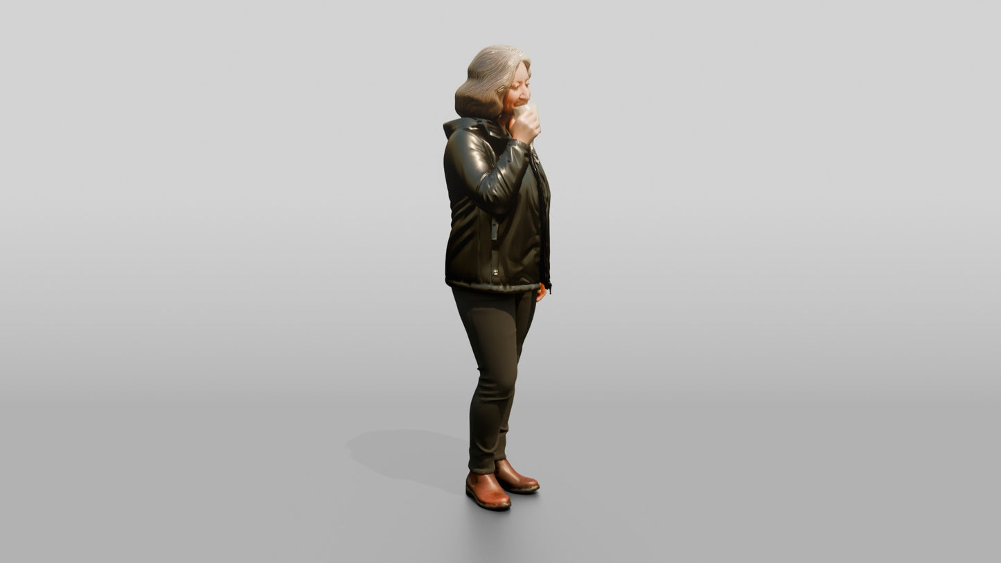 White Woman Drinking Coffee in Waterproof Jacket