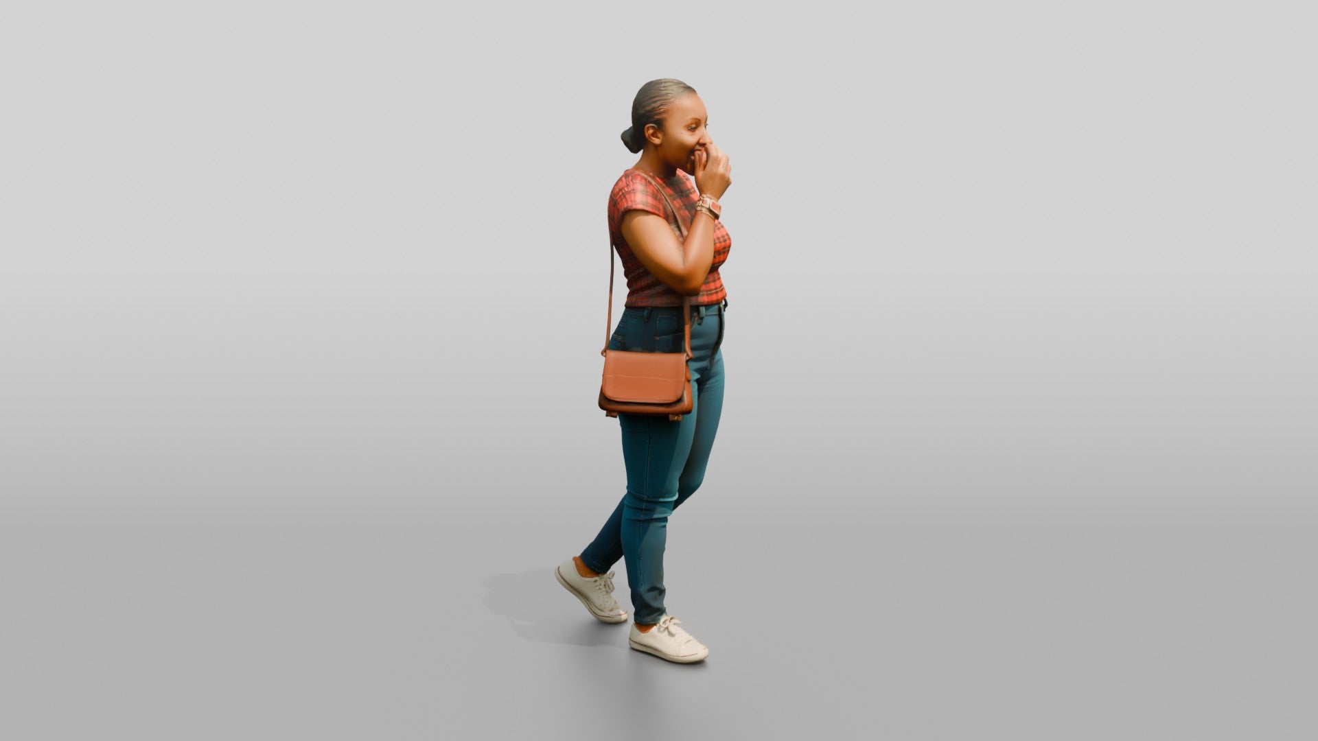 African Woman Eating an Apple in a Plaid Top