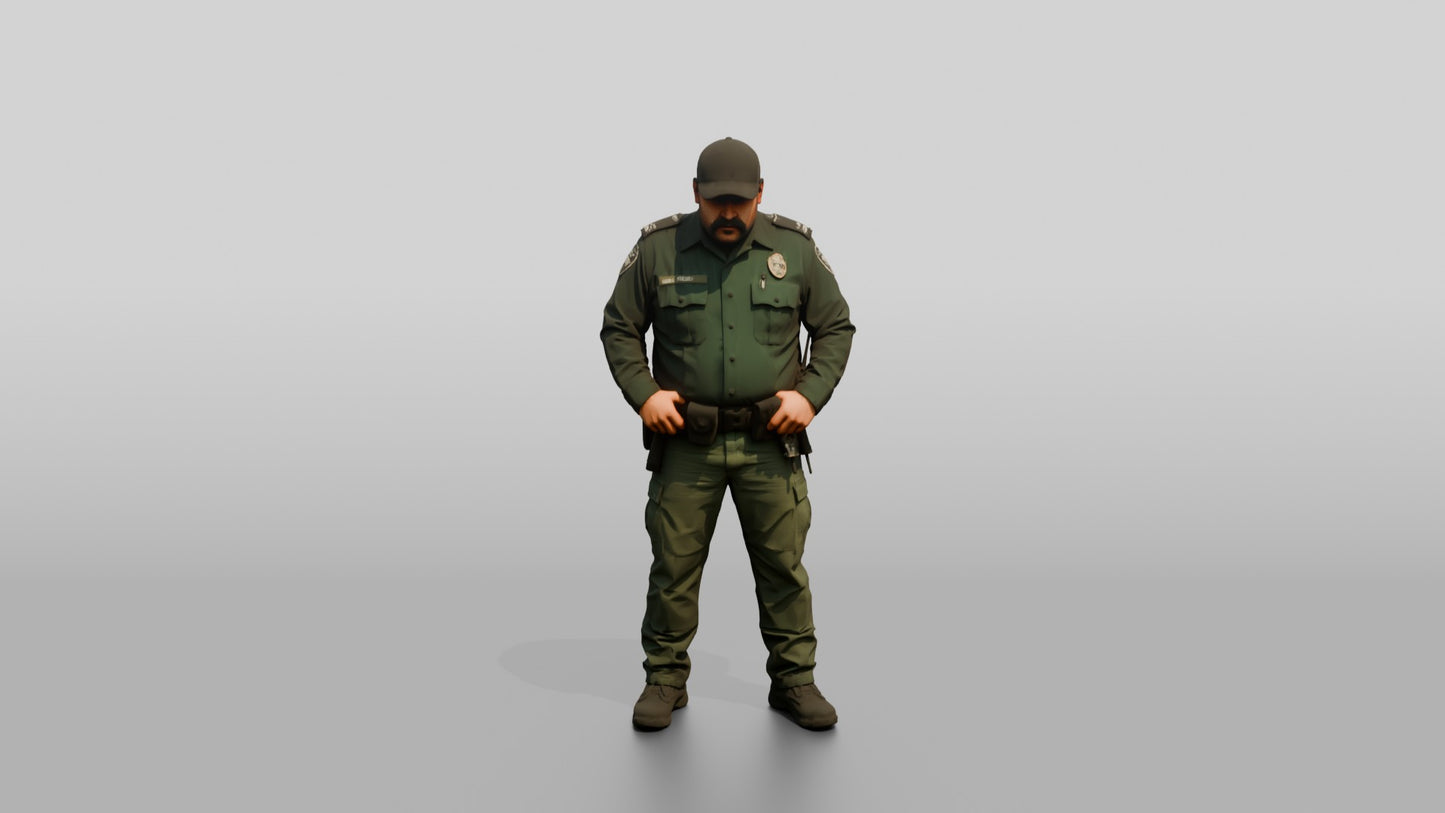 Stocky Latino Male Guard in a Dark Green Uniform