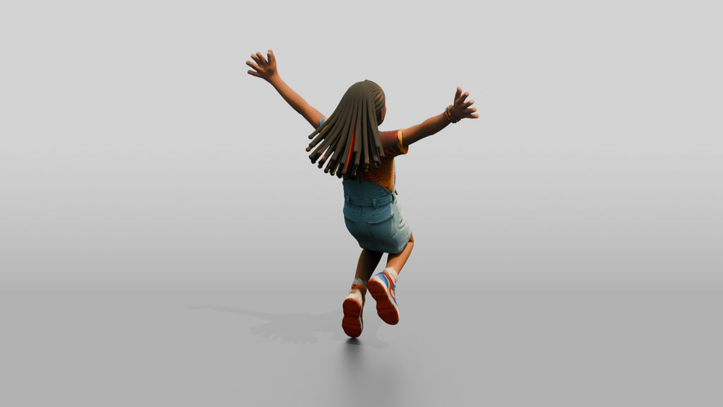 African Girl Jumping Excitedly in a Denim Overall Dress