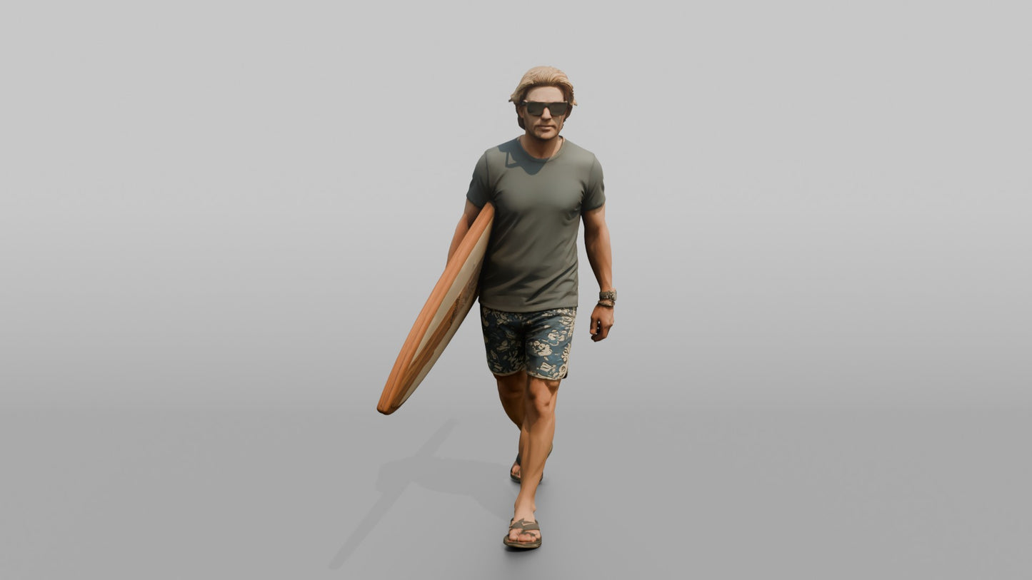 Distinguished Surfer Carrying a Wooden Surfboard