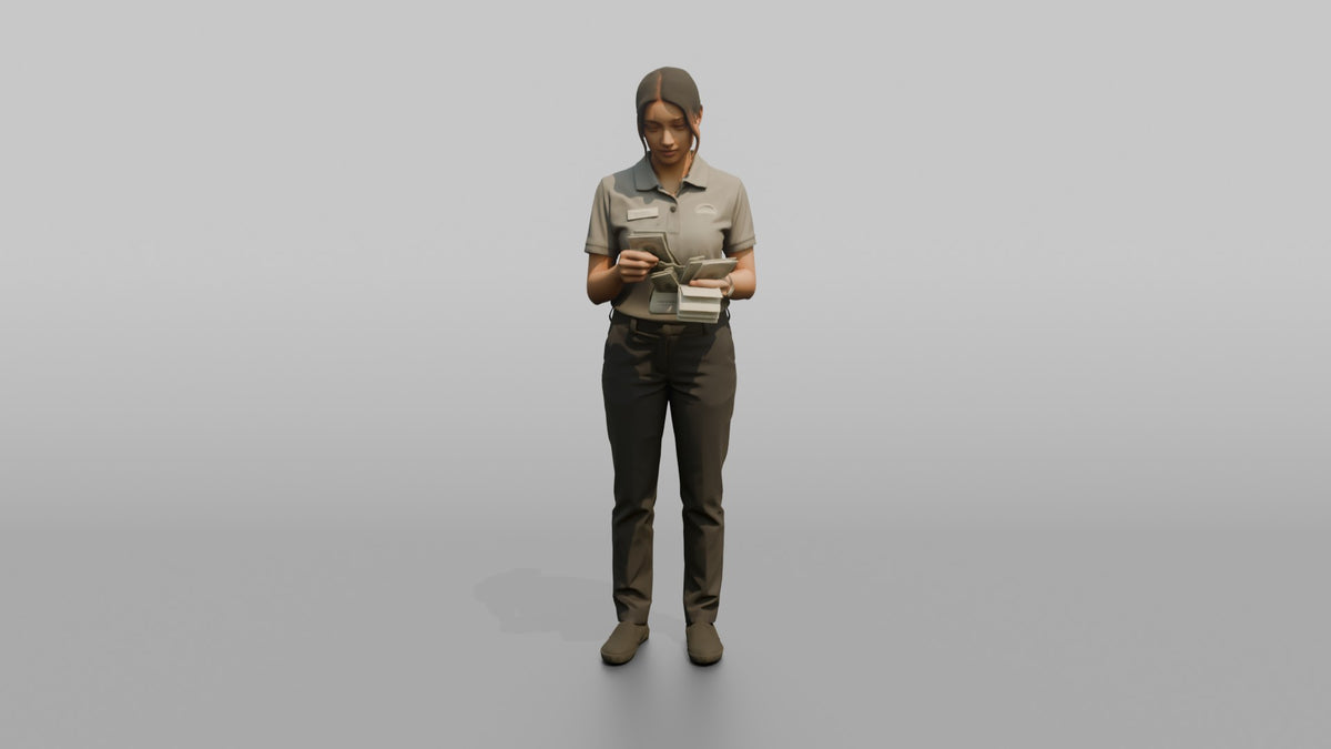 Woman Cashier Counting A Stack Of Cash Bills - 3D character model, view 5
