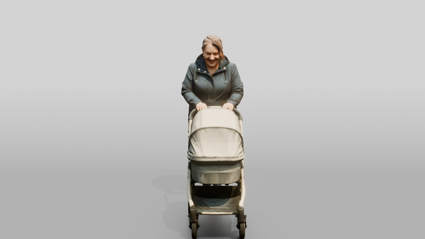 White Woman in Polka-Dot Raincoat Pushing a Pram