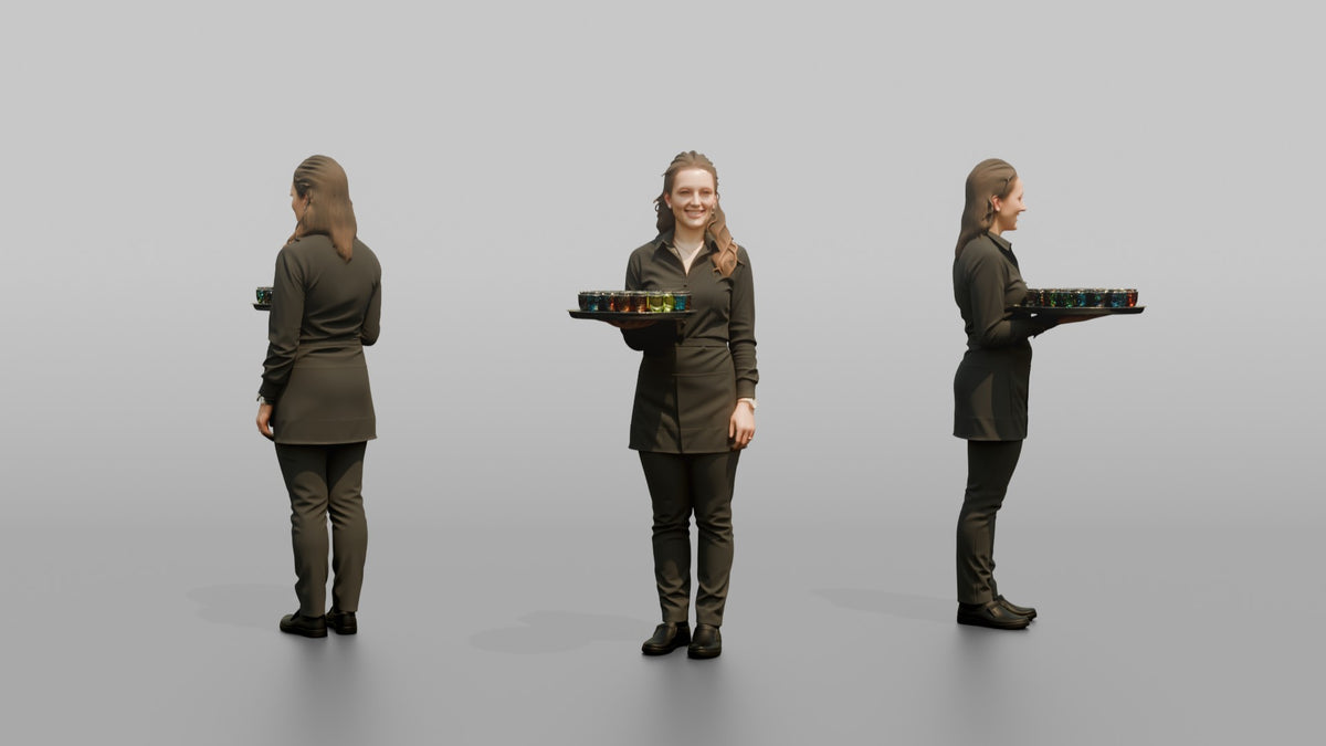 Cocktail Server Woman Carrying A Tray Of Shot Glasses - 3D character model, view 1