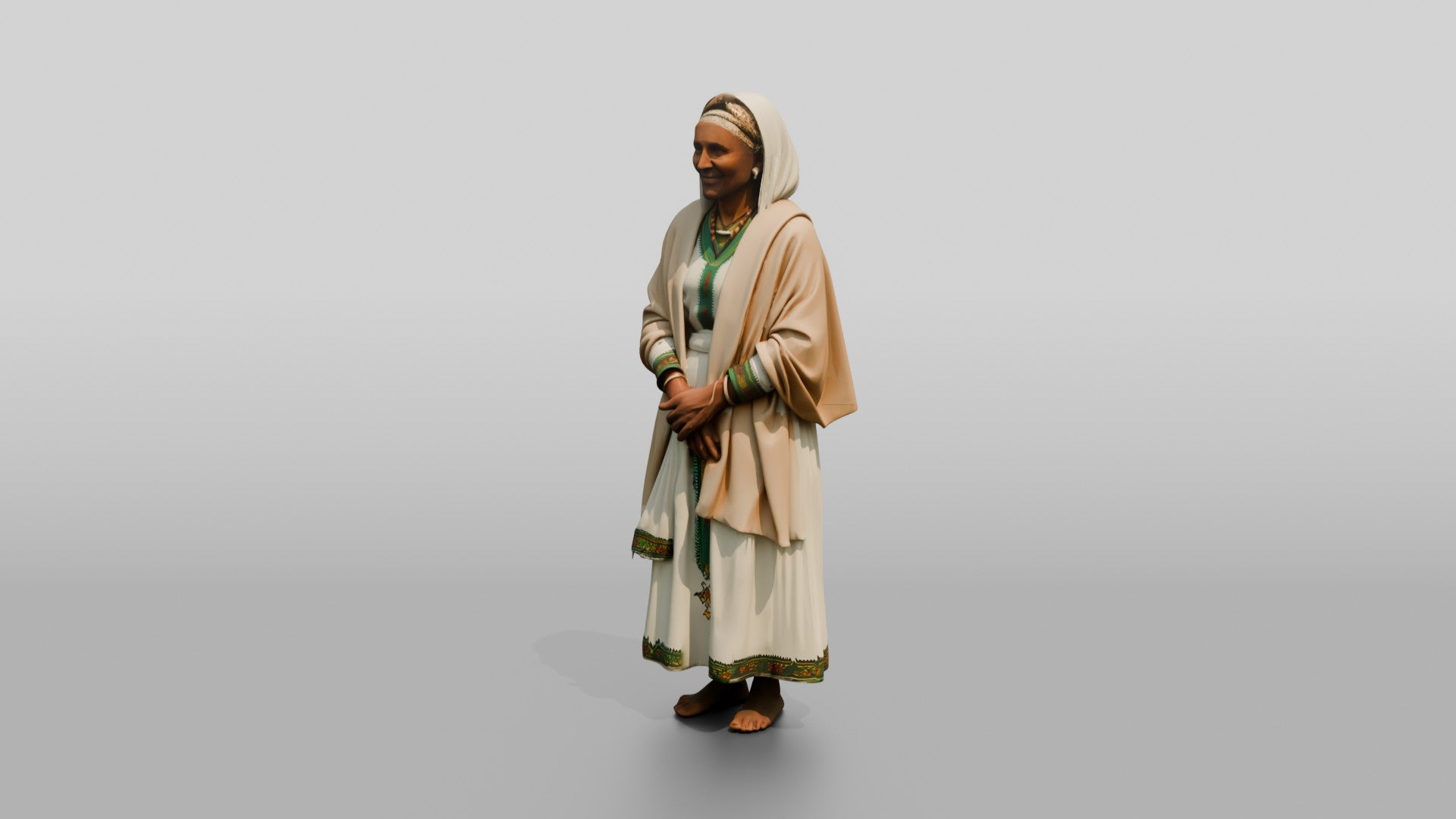 Elderly Ethiopian Woman in Traditional White Dress and Shawl