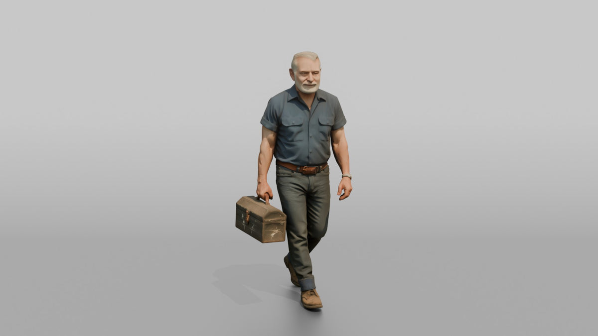 Grandfather Carrying A Toolbox By Its Handle - 3D character model, view 5