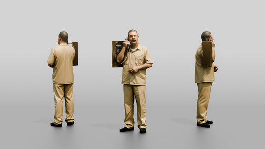 Latino Male Prisoner in a Khaki Uniform Holding a Phone Receiver