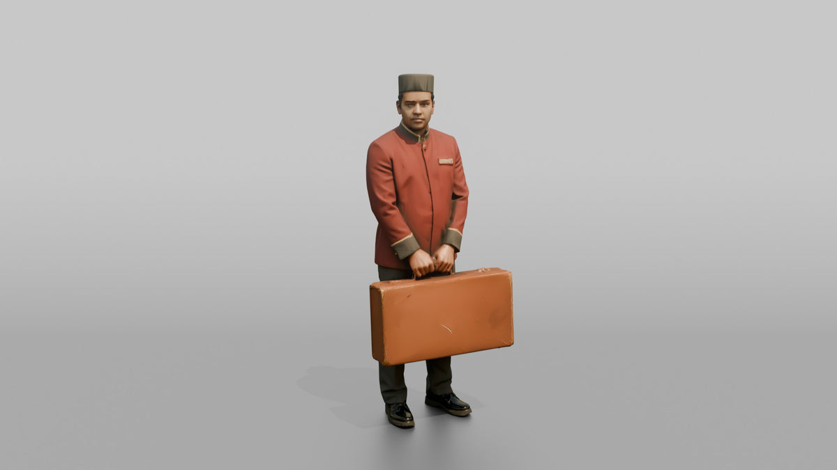 Bellhop Man Carrying A Single Large Suitcase With Both Hands - 3D character model, view 5