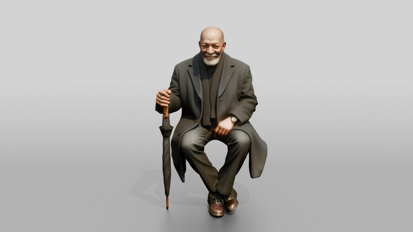 Elderly Black Man Sitting on Bench with Umbrella
