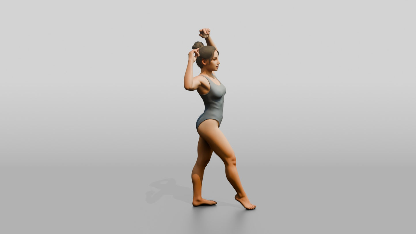 Woman in Grey Bodysuit Posing with Arms Raised