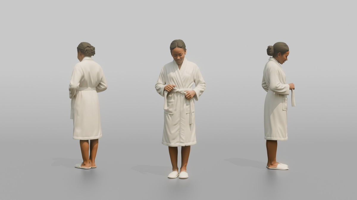 Spa Attendant Woman Adjusting A Robe Belt At The Waist - 3D character model, view 1