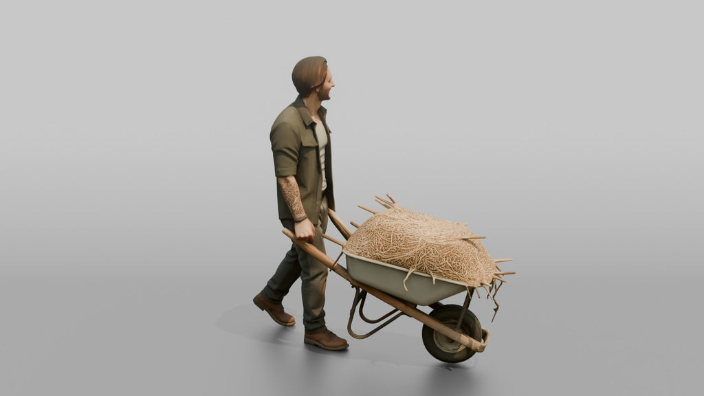 Farmer Pushing Wheelbarrow Overflowing Fresh Straw