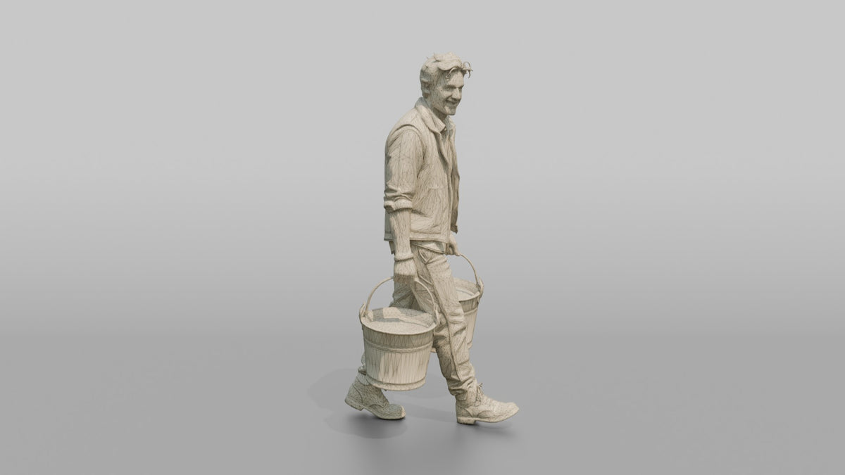 Farmer Carrying Pair Of Heavy Iron Bucket Pails - wireframe topology preview