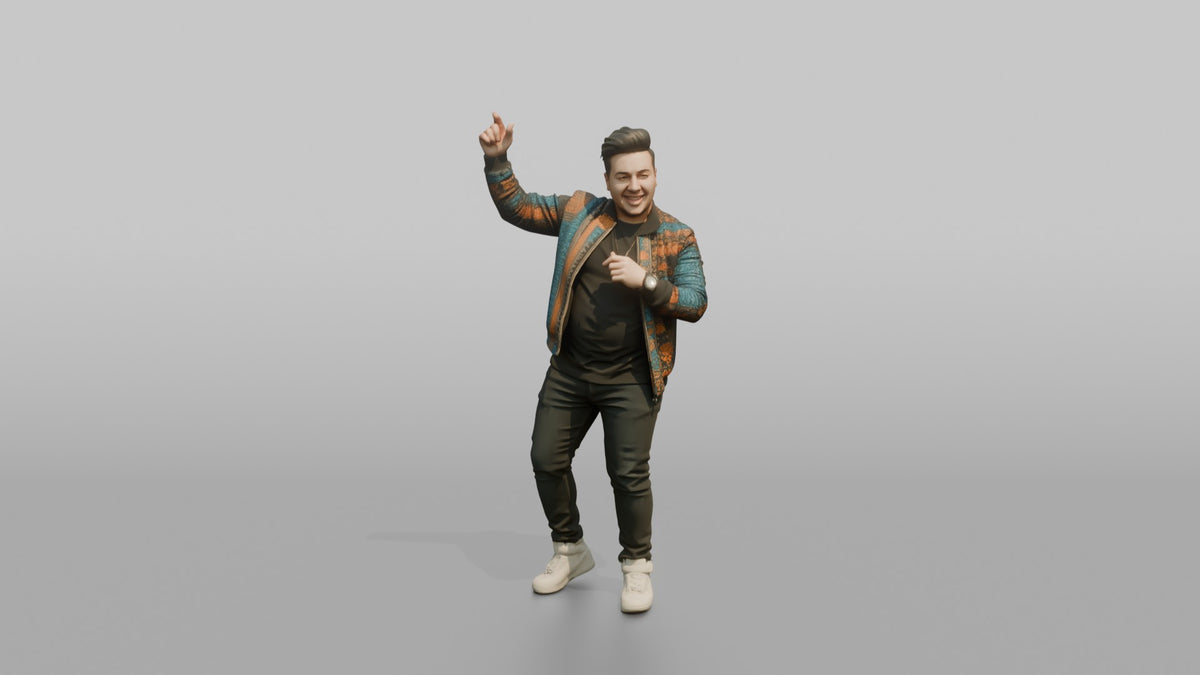 Patron Man Wearing A Vibrant Patterned Bomber Jacket, Hyped Pose - 3D character model, view 5