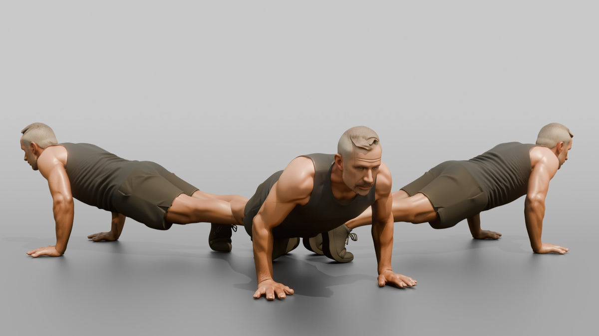 Bodyweight Athlete Man At The Bottom Of A Push-up - 3D character model, view 1