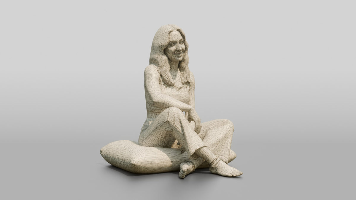 Woman Sitting Cross-Legged on a Cushion - wireframe topology preview