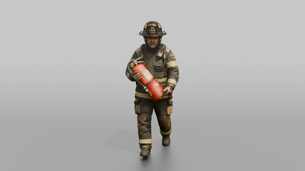 Firefighter Man Carrying a Heavy Foam Fire Extinguisher