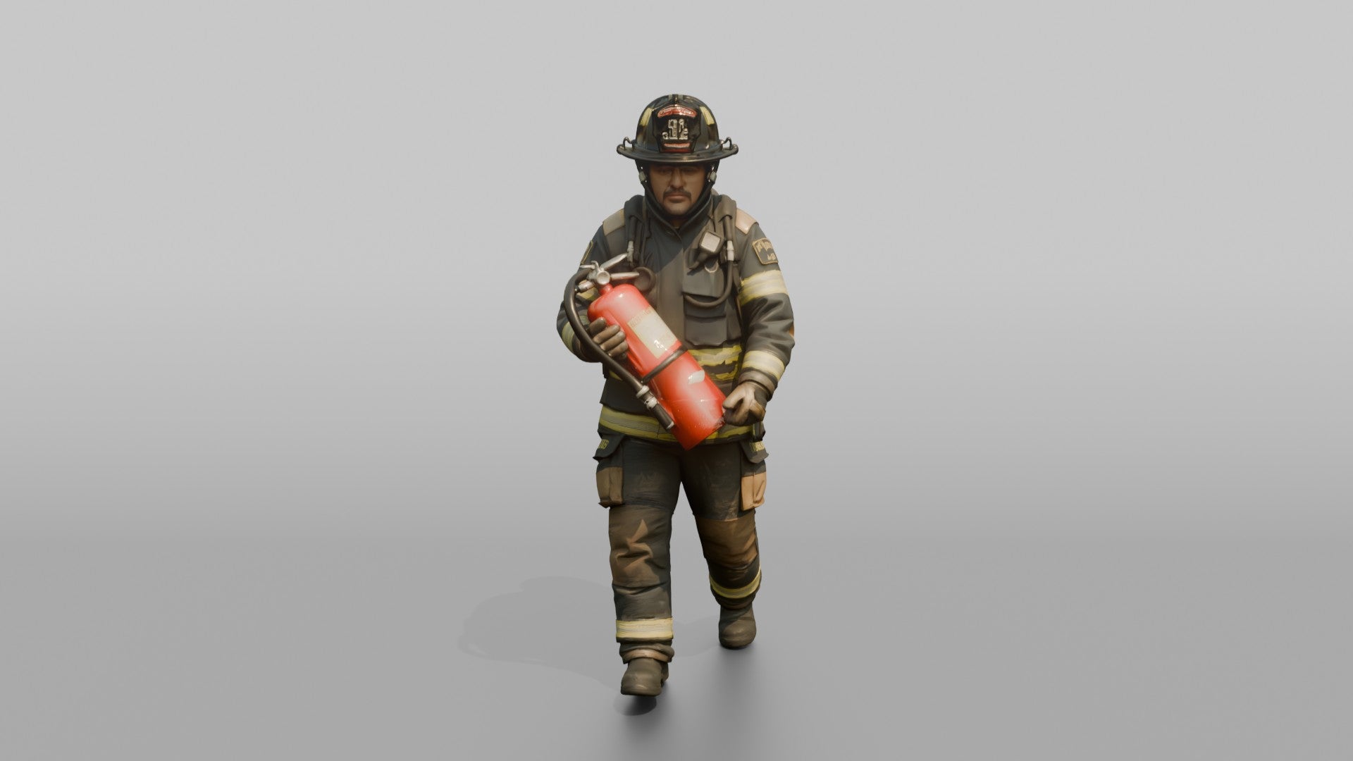 Firefighter Man Carrying a Heavy Foam Fire Extinguisher