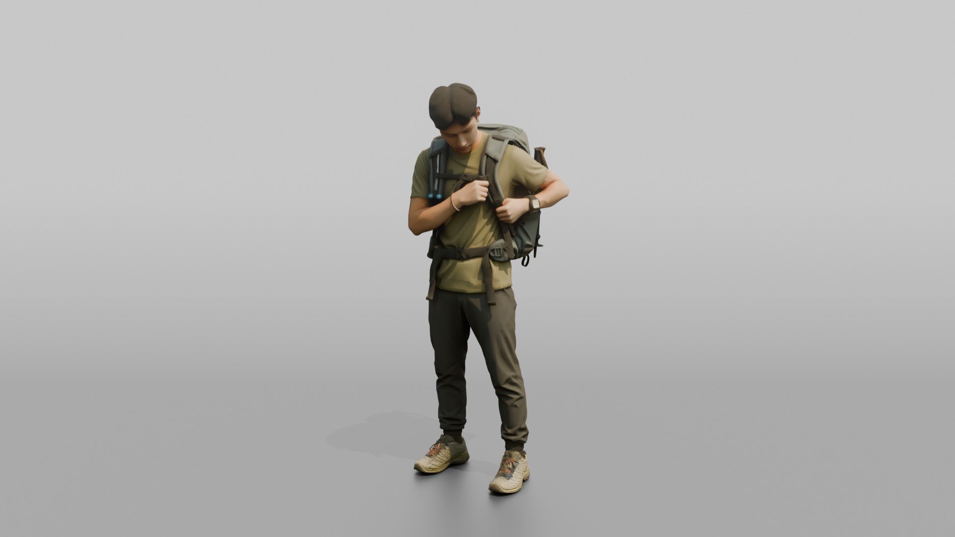 Hiker Adjusting His Backpack Strap