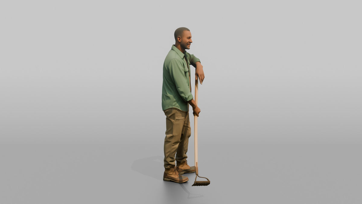 Father Holding A Garden Rake, Leaning On It Slightly - 3D character model, view 2