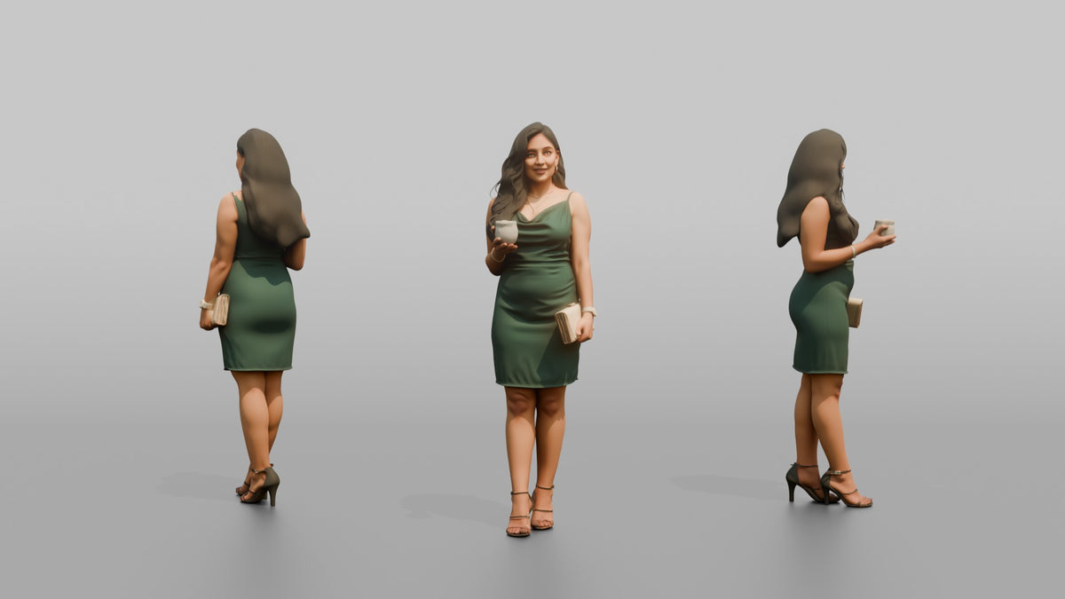 Patron Woman Standing With A Clutch Bag, Holding A Drink - 3D character model, view 1
