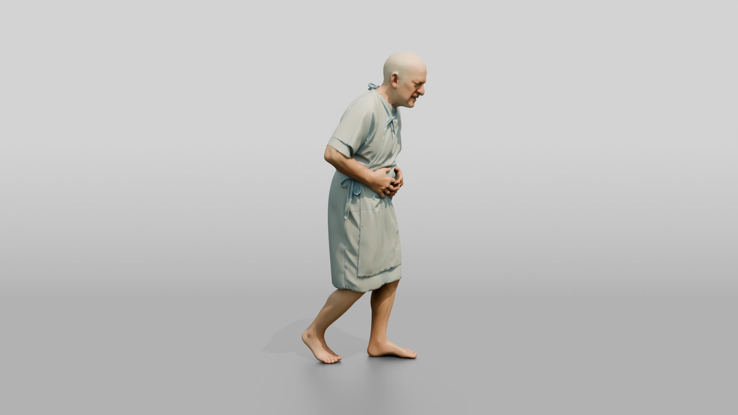 Elderly Man Patient Walking with Stomach Pain