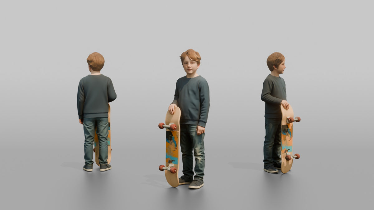 Son Holding A Skateboard Upright At His Side - 3D character model, view 1