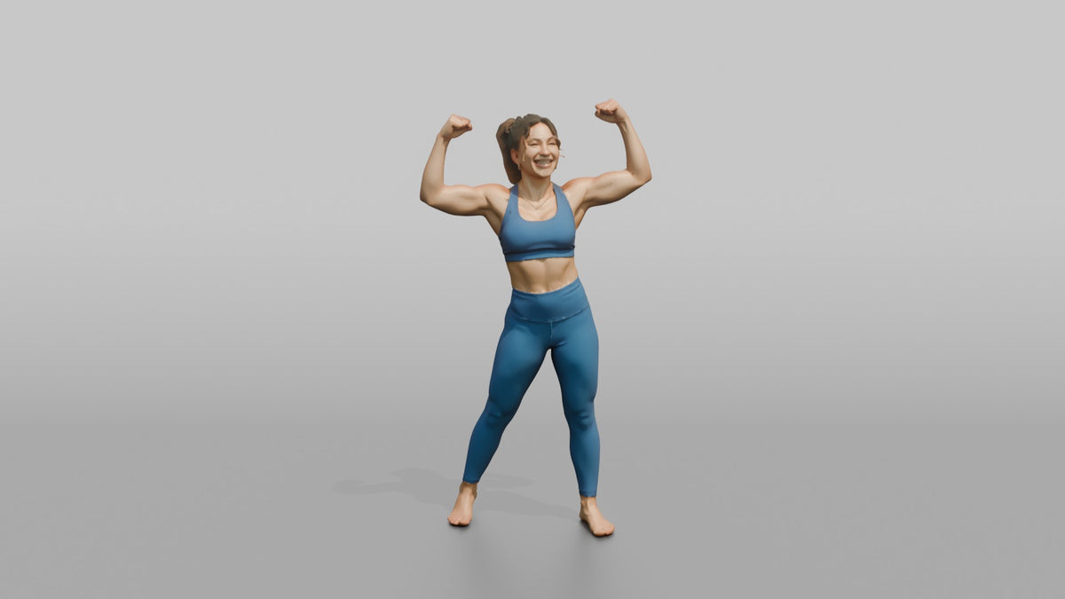 Physique Model Woman Flexing Both Arms Overhead In A Victory Pose - 3D character model, view 5