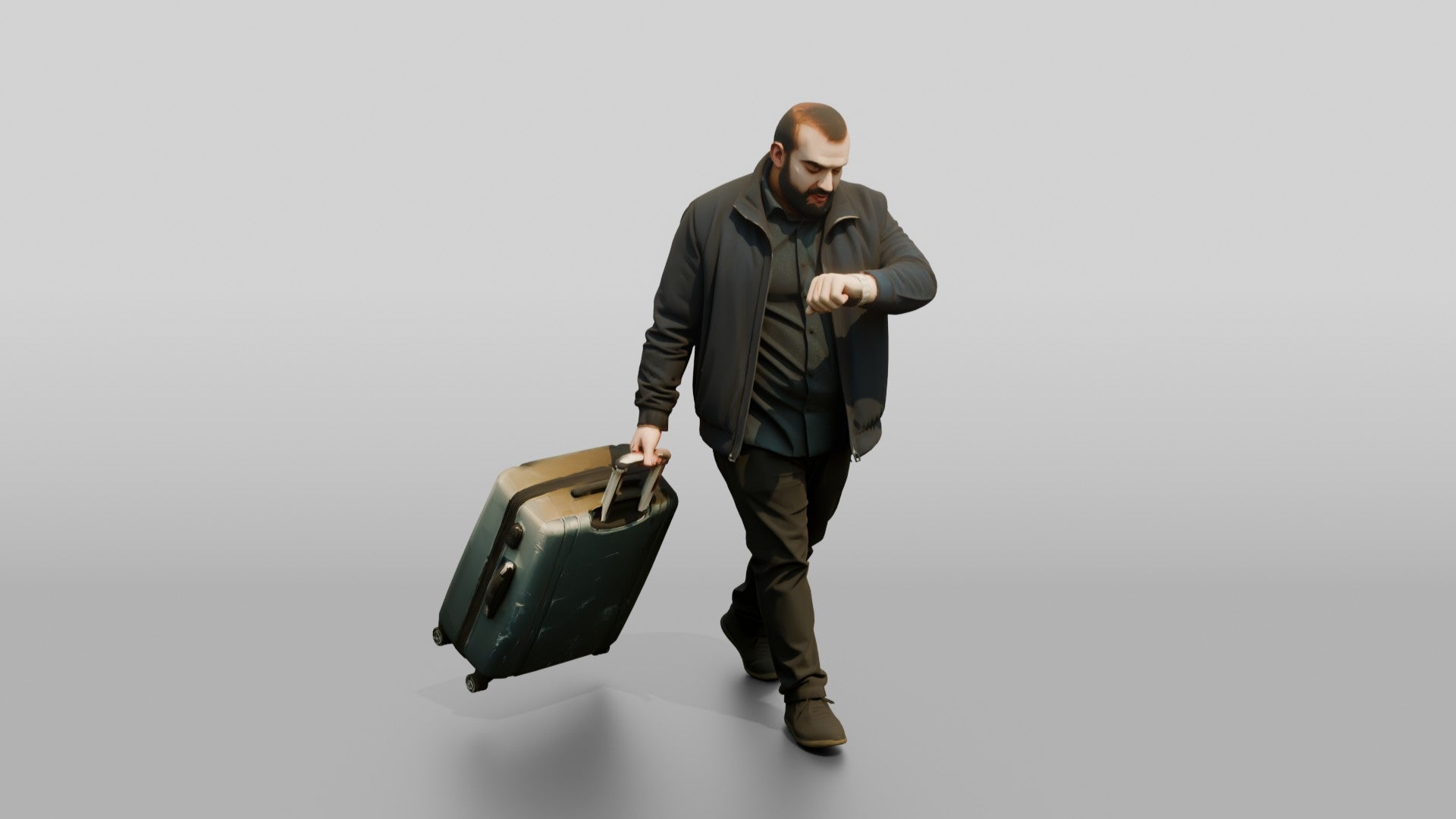 Plus-Size Bearded Man Carrying Two Suitcases Checking His Watch
