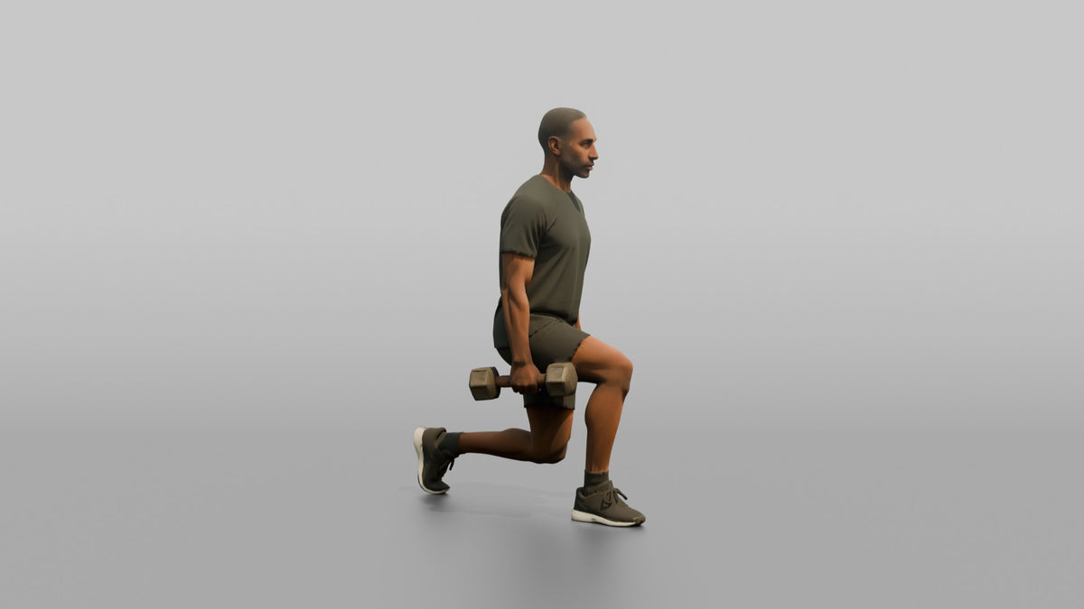 Weightlifter Man Holding Two Dumbbells At The Sides Mid-lunge - 3D character model, view 2