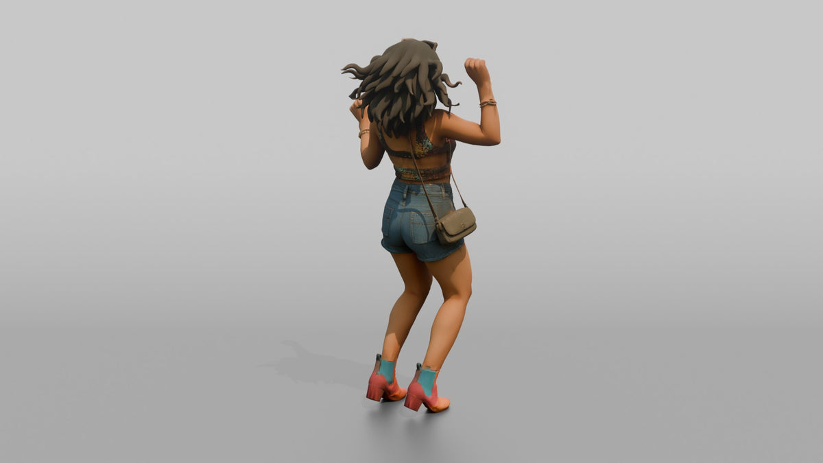 Patron Woman Dancing With Sunglasses Pushed Up, Colorful Outfit - 3D character model, view 3