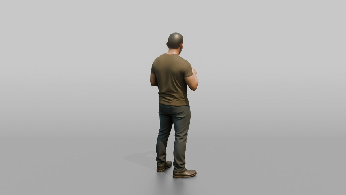 Father Holding A Coffee Mug In One Hand And A Phone In The Other - 3D character model, view 3