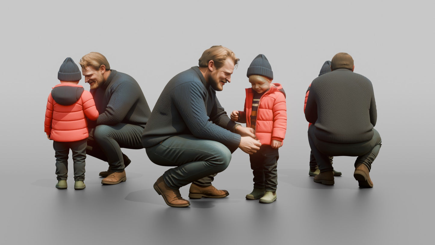 Dutch Man Crouching to Help a Child with a Coat