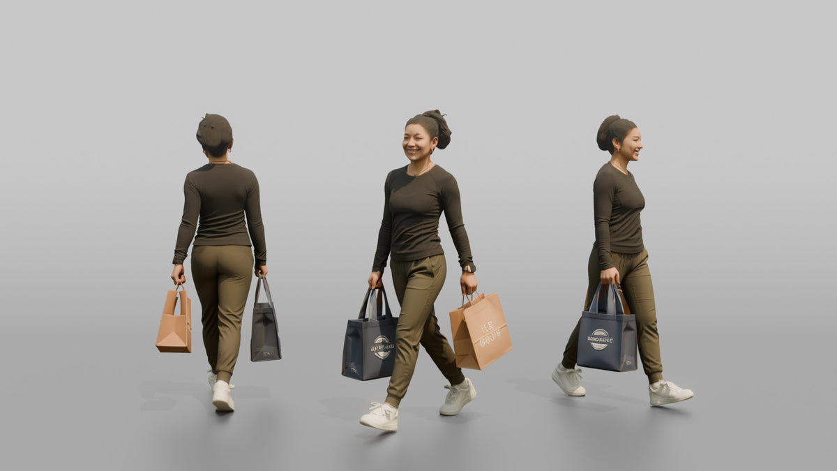 Woman Customer Walking With A Shopping Bag In Each Hand, Smiling - 3D character model, view 1