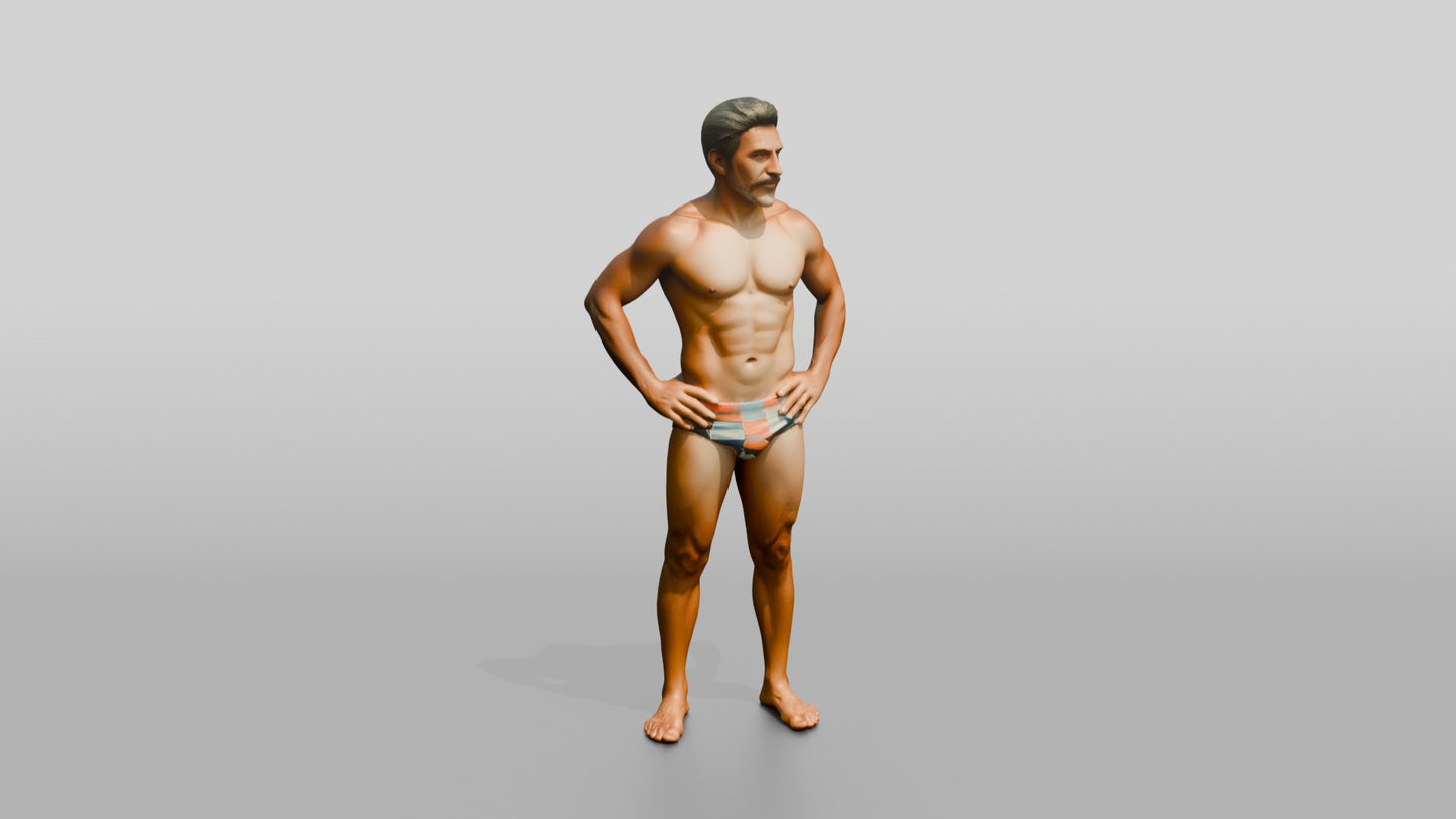 Mestizo Man Standing in Bold Patterned Swim Brief